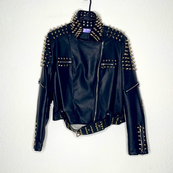 Black FAUX VEGAN Leather Studded Jacket - Picture 1 of 8